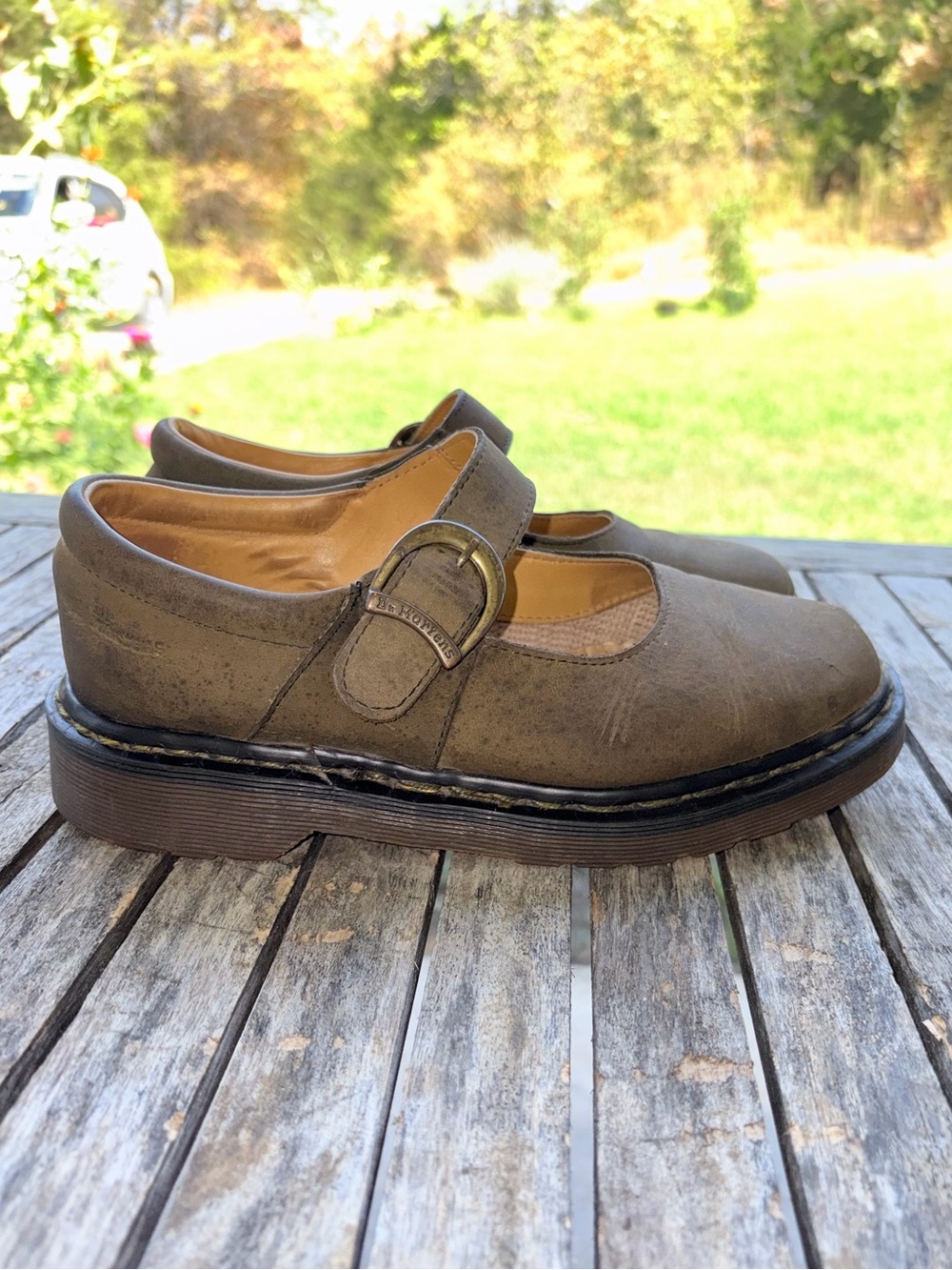 Vintage Dr Martens Mary Jane’s Earthy Olive Aged Leather Shoes Made in England